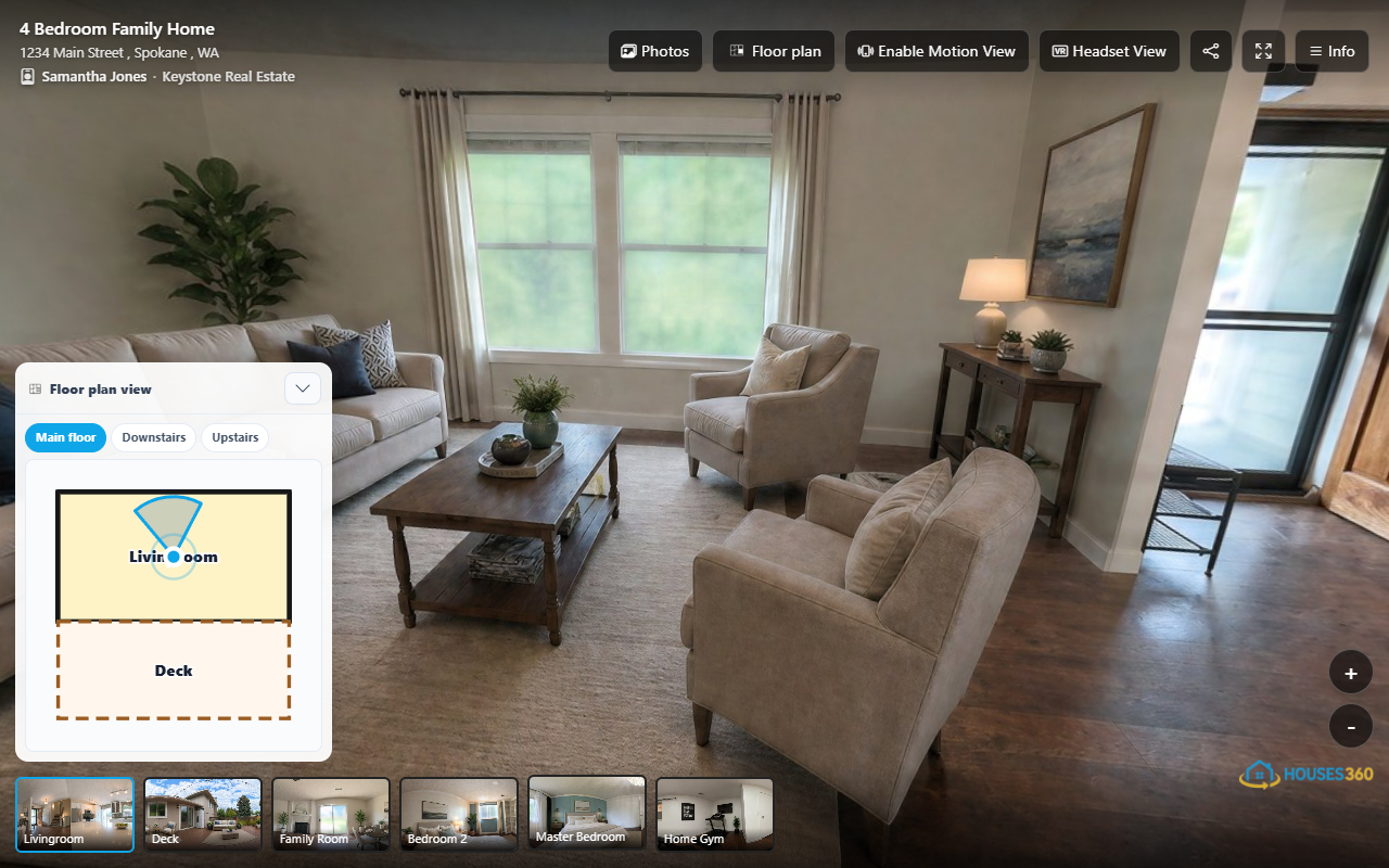 Houses360 sample viewer showing room thumbnails and a separate linked floor plan over a living-room panorama