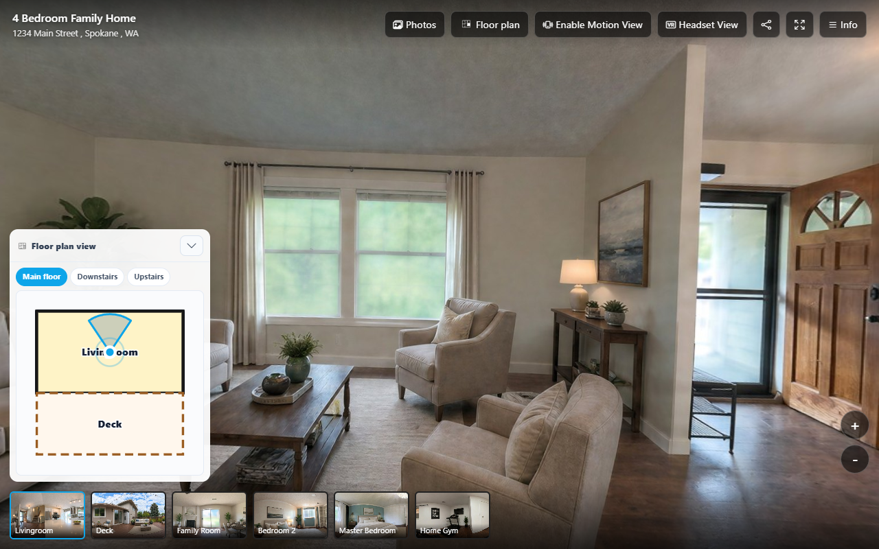 Main Street illustrative tour in MLS viewing mode with room navigation visible and agent identity hidden